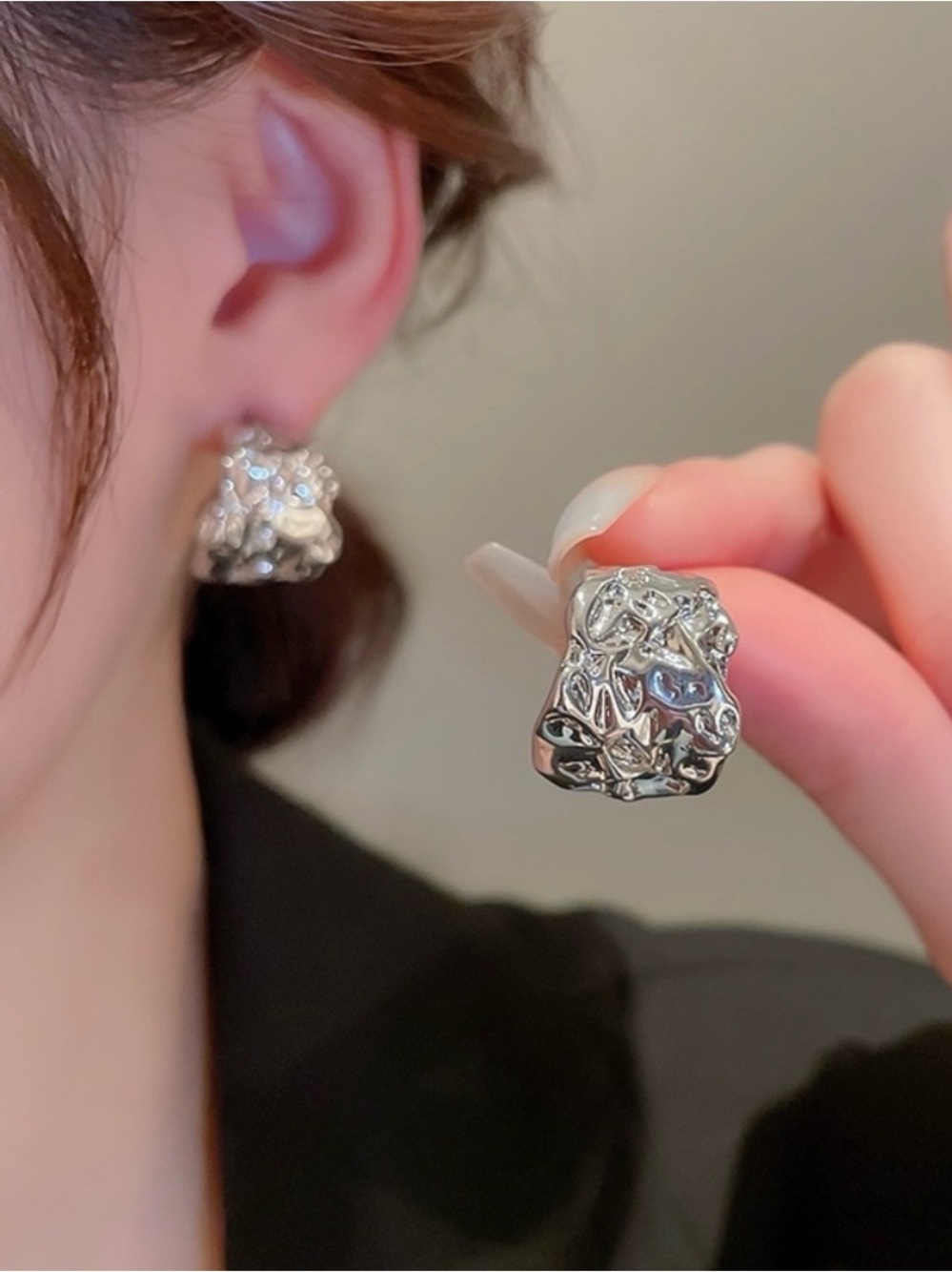 Silver Textured Sculptural Earrings - Women Jewelry